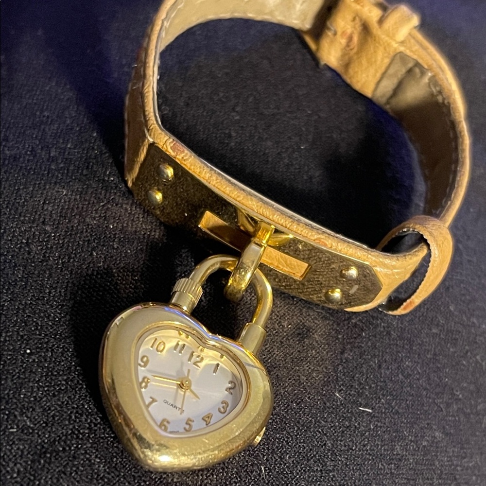 Heart-Shaped Gold Watch with Tan Leather Strap